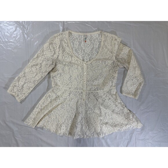 Free People Boho Lace Mesh Crochet  Buttoned XS Festival Top HTF Cream L. Sleeve - Picture 1 of 10